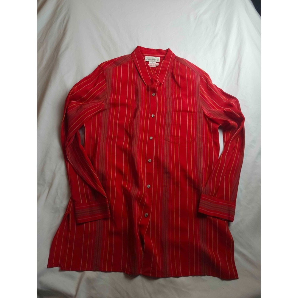 Evan‎ Picone Button Down Shirt Womens Size 10 Red Silk Woven Striped Vintage